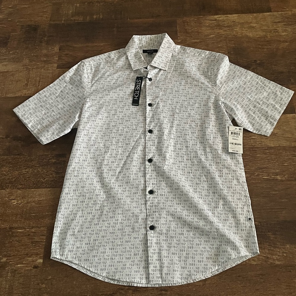 NWT ALFANI Stretch Digital Code Numbers Black and White Small Button-Down
